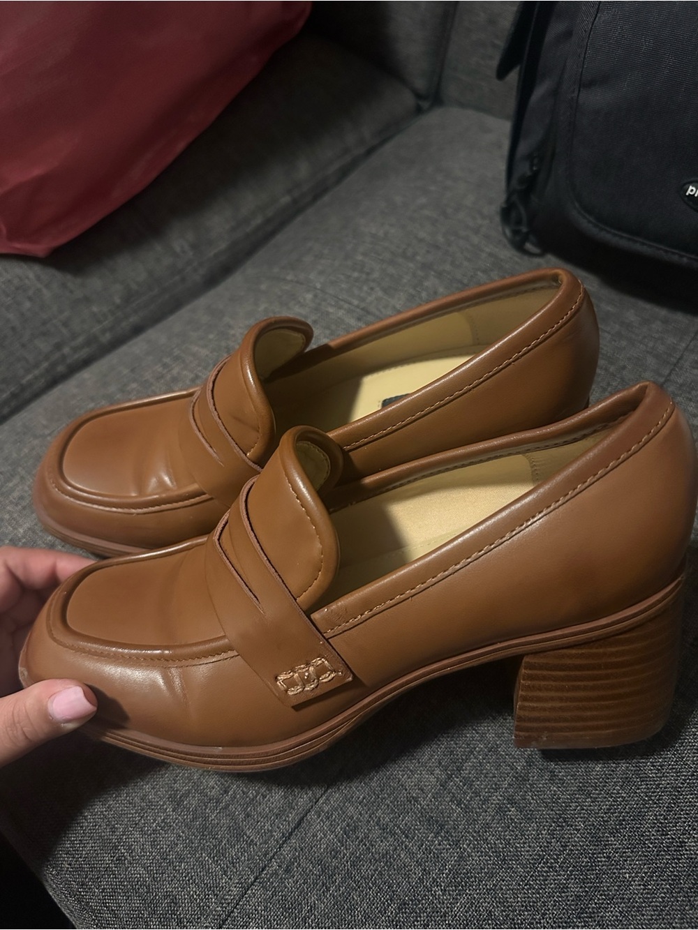 Nine West Cognac Brown Leather Block Heel Loafers